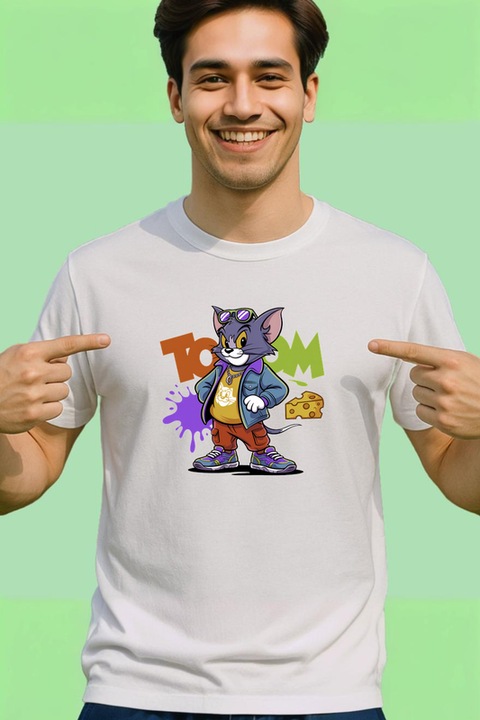 Tricou Barbat Tom Dope Style cu geaca albastra, tenisi rosii si grafitti de fundal, Barbat, 100% bumbac, Cri-Flo, Culoare Alb, Marime L