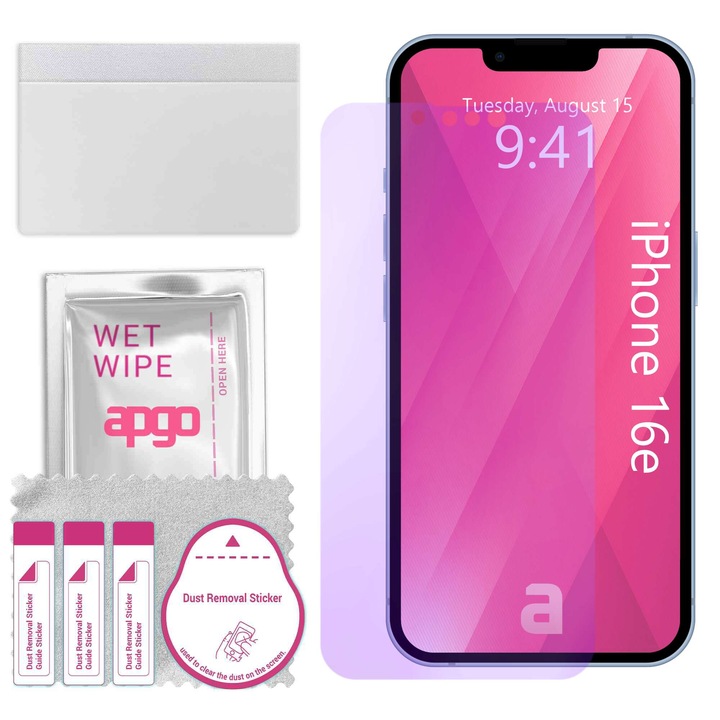 apgo ANTI-BLUE защитно стъкло за Apple iPhone 16e – хибридно стъкло, протектор за екран, гланцово, професионално гъвкаво хибридно стъкло, 9H, пълно лепило