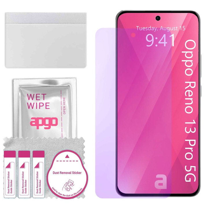 apgo ANTI-BLUE защитно стъкло за Oppo Reno13 Pro 5G - хибридно стъкло, протектор за екран, гланцово, професионално гъвкаво хибридно стъкло, 9H, пълно лепене