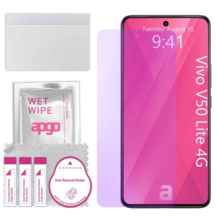 apgo ANTI-BLUE защитно стъкло за Vivo V50 Lite 4G – хибридно стъкло, протектор за екран, гланцово, професионално гъвкаво хибридно стъкло, 9H, пълно лепене