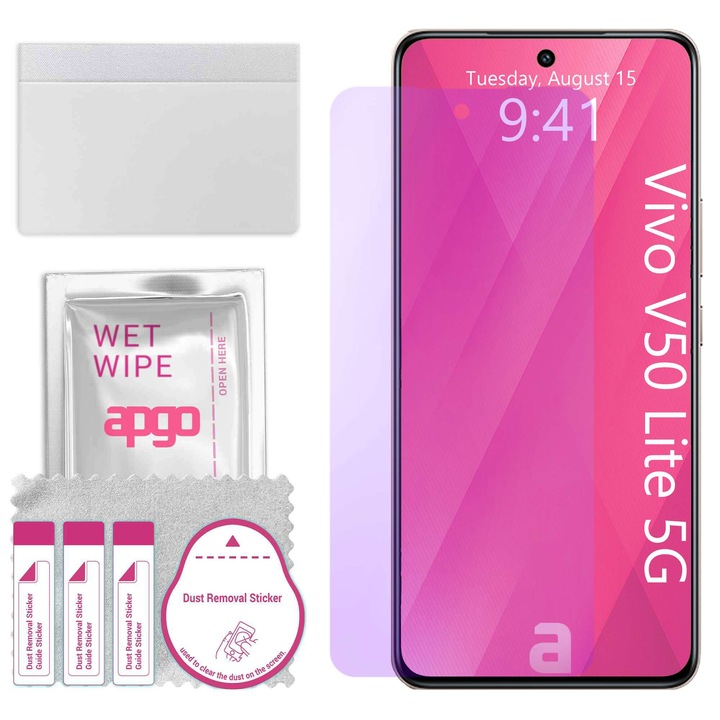 apgo ANTI-BLUE защитно стъкло за Vivo V50 Lite 5G – хибридно стъкло, протектор за екран, гланцово, професионално гъвкаво хибридно стъкло, 9H, пълно лепене