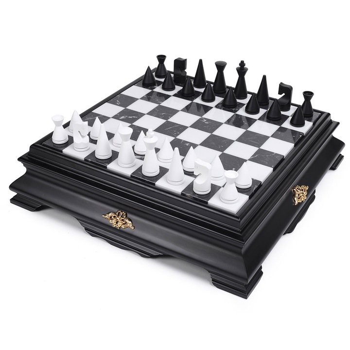 Set de sah Italfama, lemn si marmura, dimensiuni 47x47x12cm, piese din lemn, alb