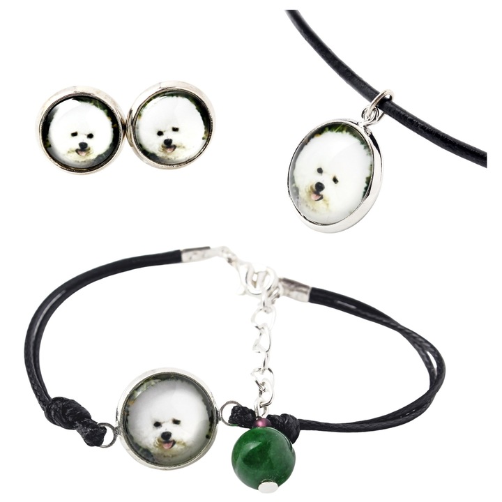 Set bijuterii personalizate cu fotografii, Art-Dog, argintie, naszytnik 50cm, bransoleta 16-18,5cm, cercei 10mm
