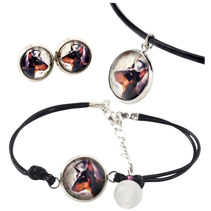 Set bijuterii personalizate cu fotografii, Art-Dog, argintie, colier 50cm, bratara 16-18,5cm, cercei 10mm