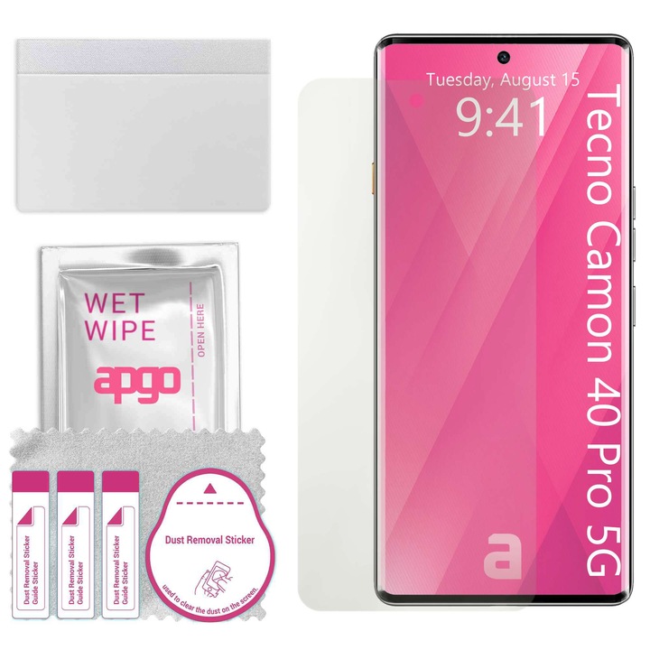 МАТОВ apgo защитен филм за Tecno Camon 40 Pro 5G - самозалепващ се, цял дисплей, хидрогел, устойчив на надраскване, пълно лепене, 5D