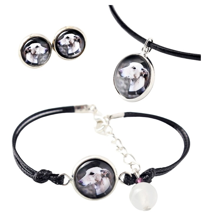 Set bijuterii personalizate cu fotografii, Art-Dog, argintiu, colier 50cm, bratara 16-18,5cm, cercei 10mm