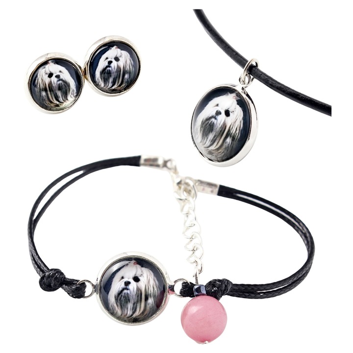 Set bijuterii personalizate cu Lhasa Apso, lungime 50cm, bratara ajustabila 16-18,5cm