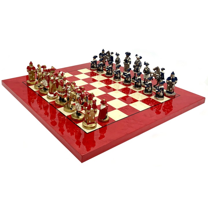 Set de sah Italfama, piese Landsknecht, lemn de artar, alb/rosu, 42x42x1.8cm