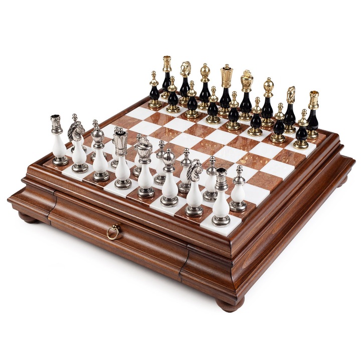 Set de șah Italfama, tablă lemn, marmură 47x47x10,5cm, piese zinc, alamă, nichel alb/negru