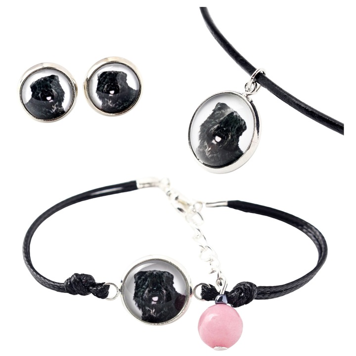 Set bijuterii personalizate cu Bouvier de Flandres, Art-Dog, argintie, naszytnik 50cm, bratara 16-18,5cm, cercei 10mm