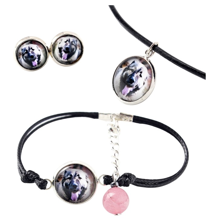 Set bijuterii personalizate cu Ciobanesc caucazian, Art-Dog, argintiu, nașĭnic 50cm, col̦c̦i 10mm, bransoleta 16-18,5cm
