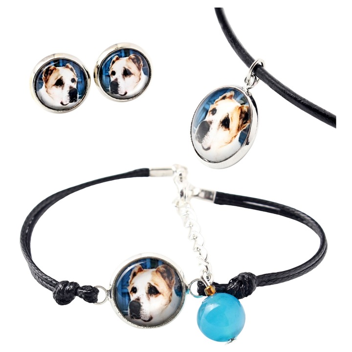 Set bijuterii personalizate, Ciobanesc Asia, cercei, bratara, Art-Dog, argintiu, 50cm, 16-18,5cm