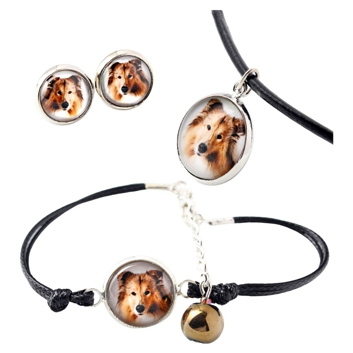 Set bijuterii personalizate cu fotografii, Rough Collie, colŏrile argintii, lungime 50 cm, bransoleta ajustabila 16-18,5 cm, Art-Dog