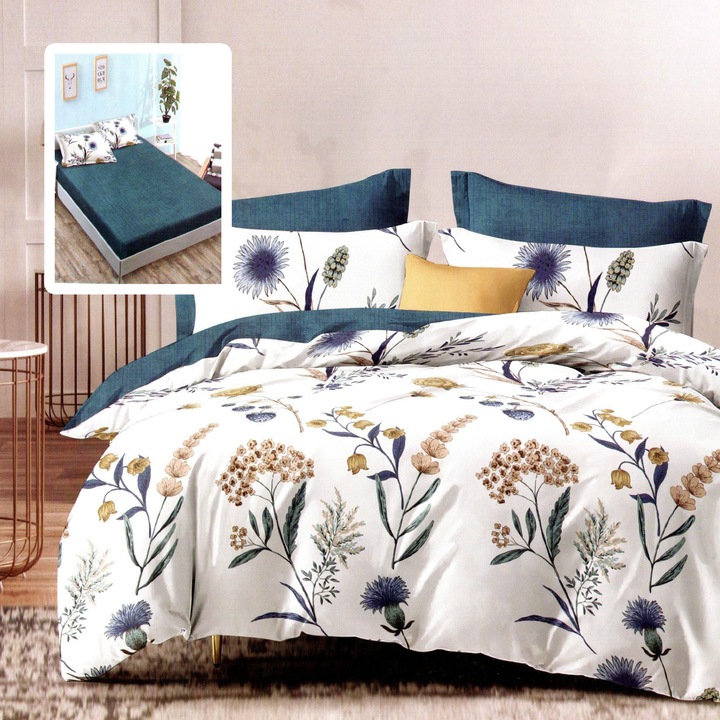 Lenjerie pat dublu NufJoy Finet Gros 6 piese, imprimeuri colorate, 160x200cm/180x200cm, cearsaf pilota 200x230cm, fete perna 70x70cm si 50x70cm