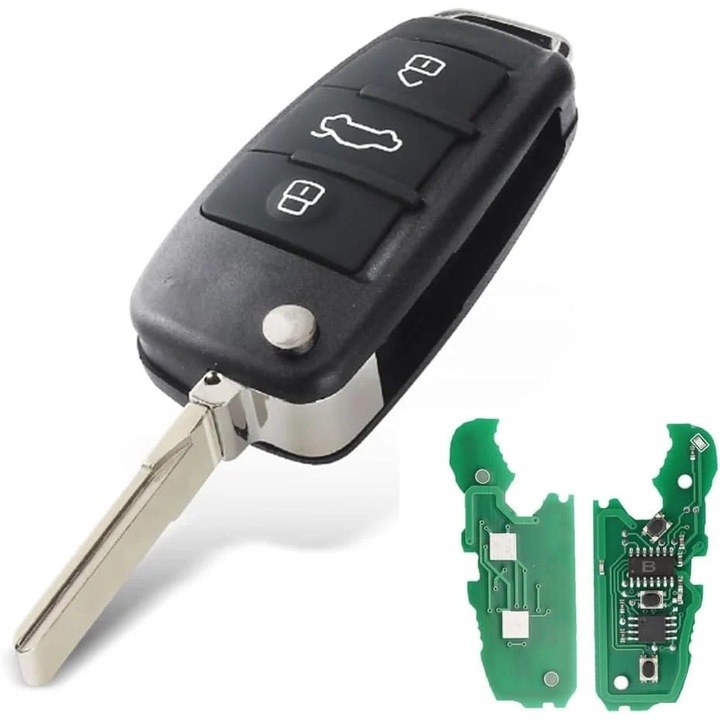 Techstar 3 gombos programozható autókulcs Audi Q7 B7 Q3 A3 TT A2 A8 A6 A6L A4 S5 C5 C6 B6 A4L A5 Q5 S RS Cabrio, Avant, Quattro modellekhez, 433MHz, ID48, FCC: 8E0837220 / 8E0837220K / 8E0837220D