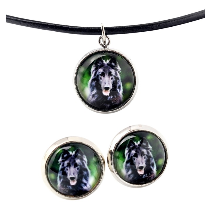 Set bijuterii personalizate cu fotografii, Art-Dog, argintiu, 50cm, cercei 10mm, sticla