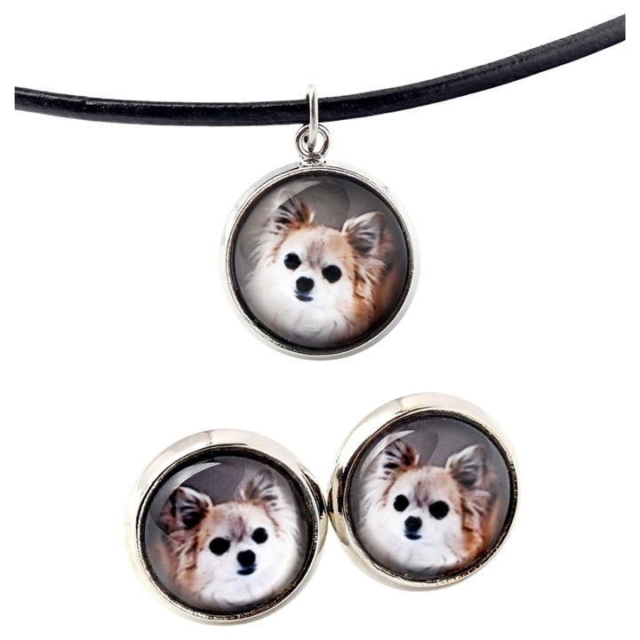 Set bijuterii personalizate cu fotografii, Art-Dog, argintie, 50cm, 14mm x 10mm, sticla