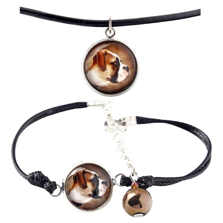 Set bijuterii personalizate cu fotografie, Art-Dog, argintie, bratara 16-18,5 cm, colier 50 cm, sticla