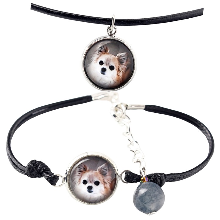 Set bijuterii personalizate cu fotografii, Art-Dog, argintie, lungime 50cm, bratara ajustabila 16-18,5cm, sticla