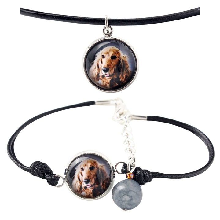 Set bijuterii personalizate cu fotografii, Art-Dog, argintie, lungime lantisor 50 cm, lungime bratara 16-18,5 cm, sticla