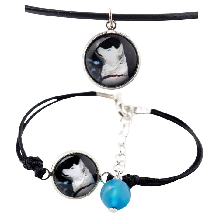 Set bijuterii personalizate cu fotografie, Art-Dog, argintie, bratara 16-18,5 cm, colier 50 cm, sticla