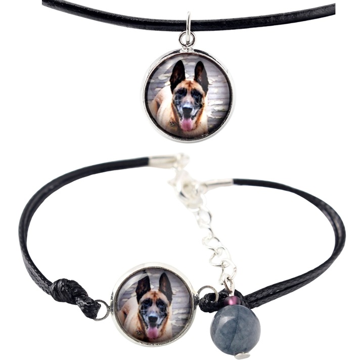 Set bijuterii personalizate cu fotografie, Art-Dog, argintie, bratara 16-18,5 cm, colier 50 cm, sticla