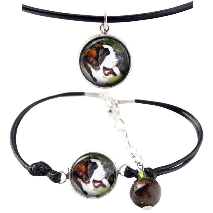 Set bijuterii personalizate cu fotografie, Art-Dog, argintie, bratara 16-18,5 cm, lantisor 50 cm, sticla