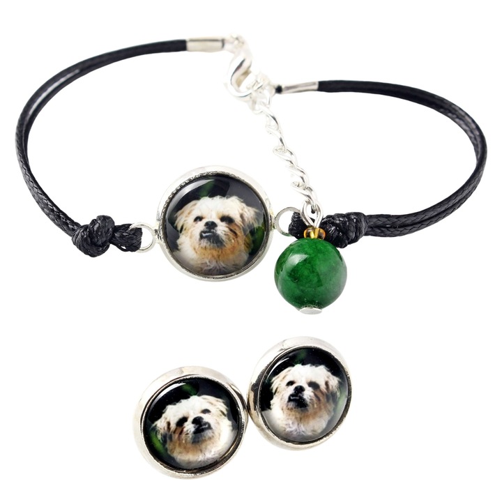 Set bijuterii personalizate Art-Dog, cercei si bratara cu fotografie, argintie, 16-18,5 cm, sticla