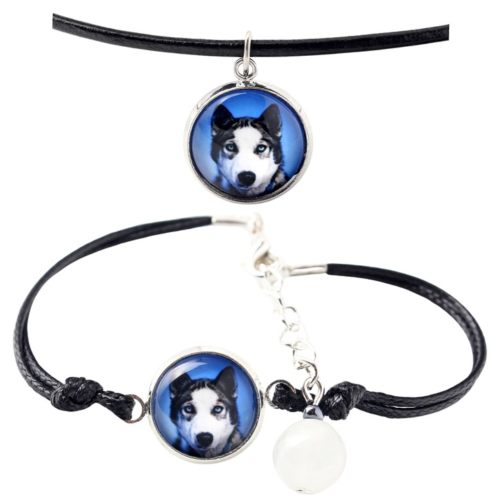 Set bijuterii personalizate cu fotografie, Art-Dog, bratara si colier, argintie, 50cm x 16-18,5cm, sticla