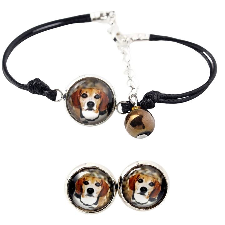 Set bijuterie personalizata Art-Dog, cercei si bratara cu fotografie, argintiu, 16-18,5 cm, sticla