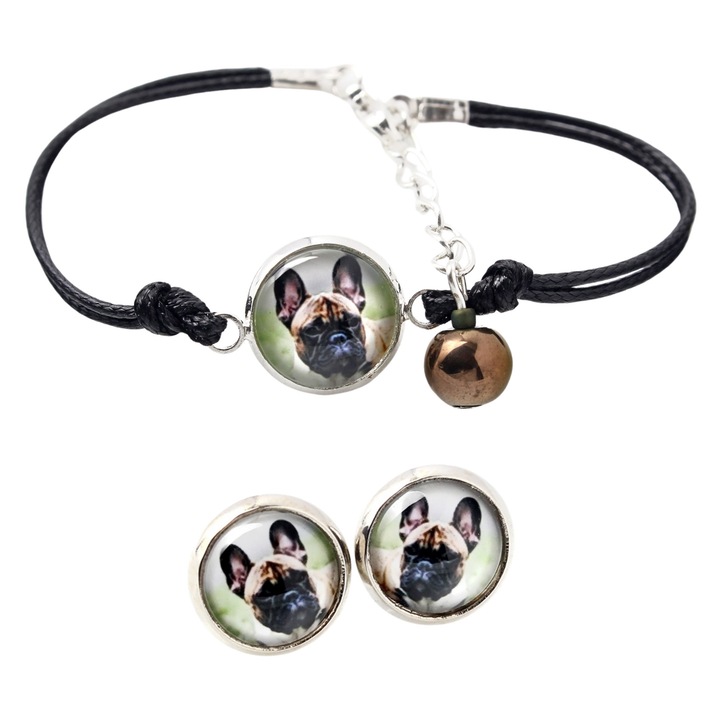 Set bijuterii personalizate Art-Dog, cercei si bratara cu fotografie, argintiu, 16-18,5 cm, sticla