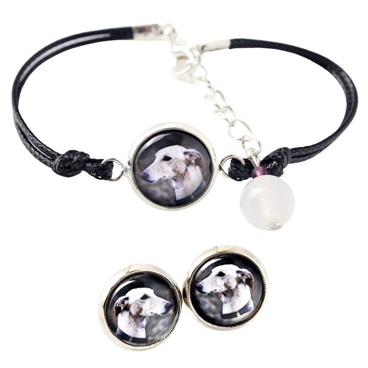 Set bijuterii personalizate Art-Dog, cercei si bratara cu fotografie, argintie, 16-18,5 cm, sticla