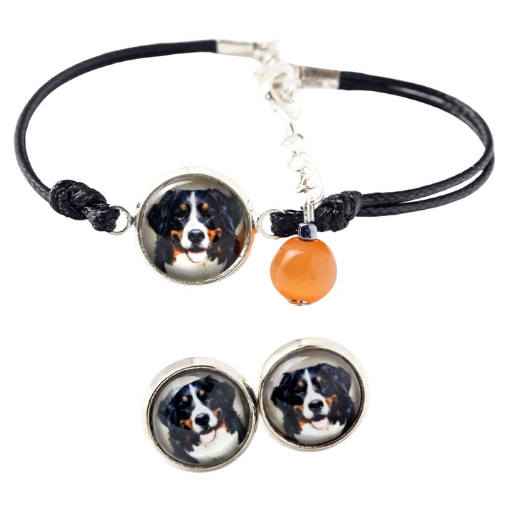 Set bijuterii personalizate Art-Dog, cercei si bratara cu fotografie, argintie, 10x10mm, 12mm, sticla