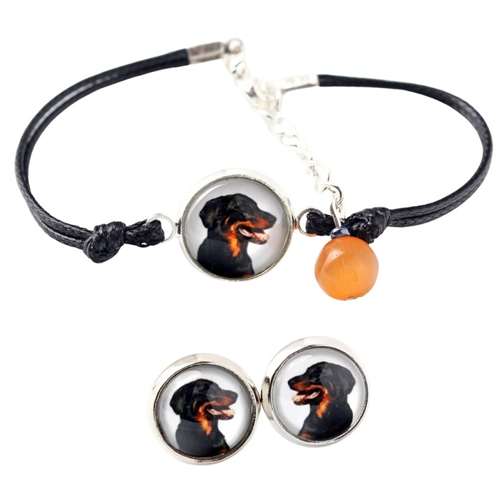 Set bijuterie personalizata Art-Dog, cercei si bratara cu fotografie, argintiu, 16-18,5 cm, sticla