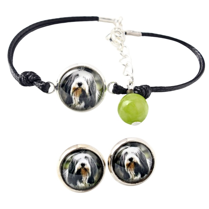 Set bijuterii personalizate cu fotografie, Art-Dog, cercei si bratara, argintie, 10x10mm, 16-18,5cm, sticla