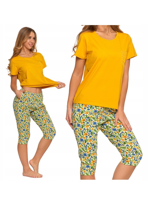 Дамска пижама, Moraj, комплект от 2 части, къс ръкав, флорален принт, жълто, памук, S INTL