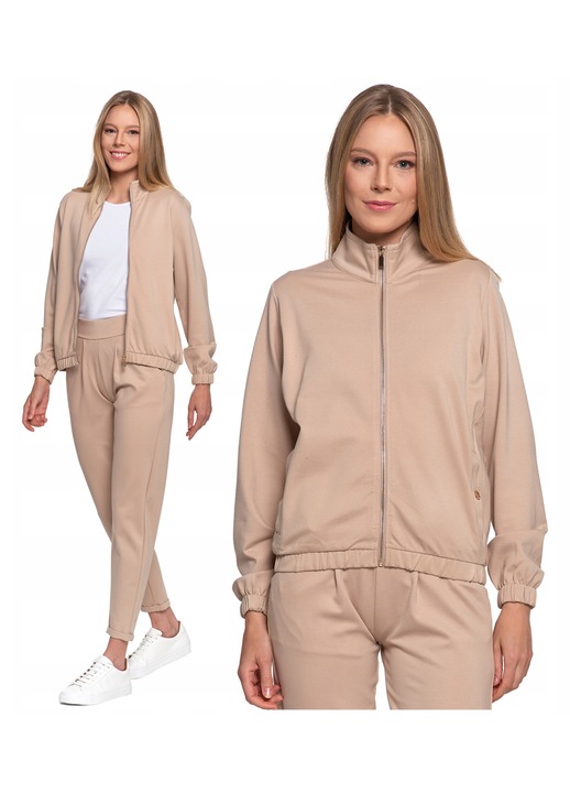 Hanorac bomber dama, Moraj, fin, guler mandarin, bej, tricot viscoza