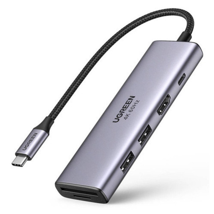 Ugreen CM511 elosztó, 5 az 1-ben adapter, 2x USB 3.0, HDMI, USB-C, TF/SD, 4K@60Hz, szürke