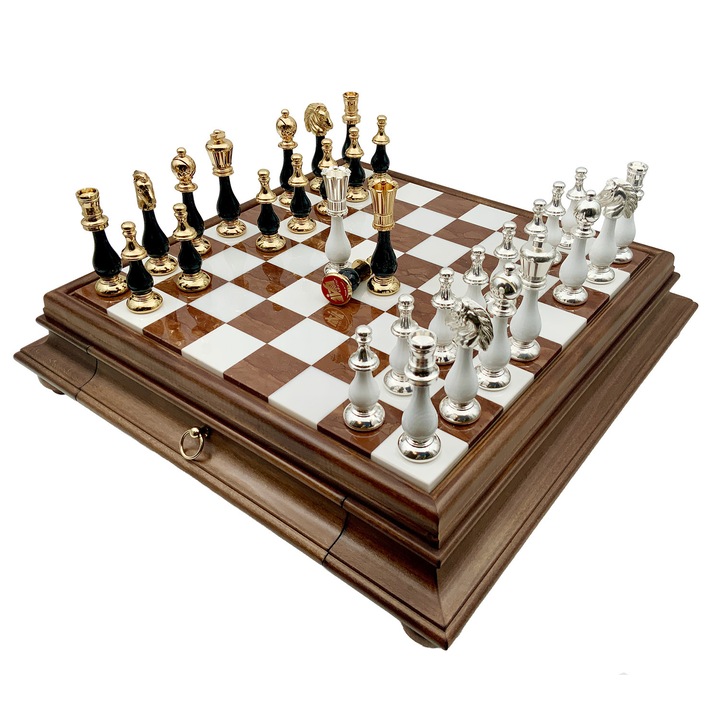 Set șah, Italfama, Tablă marmură/lemn, 47x47x10,5cm, piese alamă cu aur 24K și argint sterling 990, dimensiune rege 9.9cm