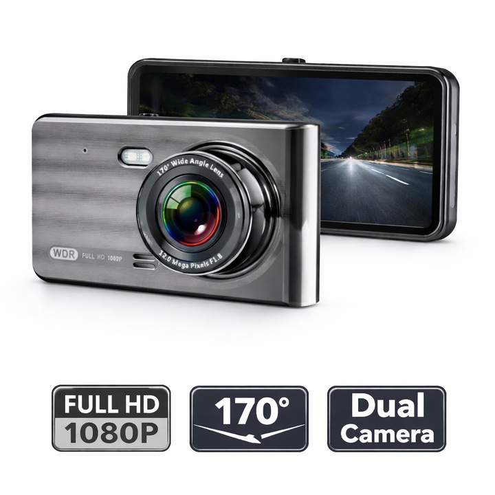 Camera auto DVR s-Eye Fata/Spate 1080P, Touch 4", senzor G, vedere nocturna, unghi 170, Argintiu