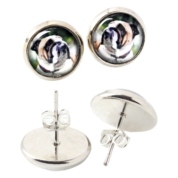 Cercei personalizati Bulldog, Art-Dog, 12mm, argintiu, set cu cutie de prezent, sticla