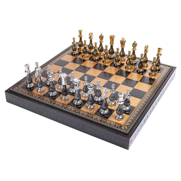 Set sah, Italfama, tabla ecologica 48x48x5.5cm, piese alama si lemn placate cu aur si argint, dimensiune rege 10cm