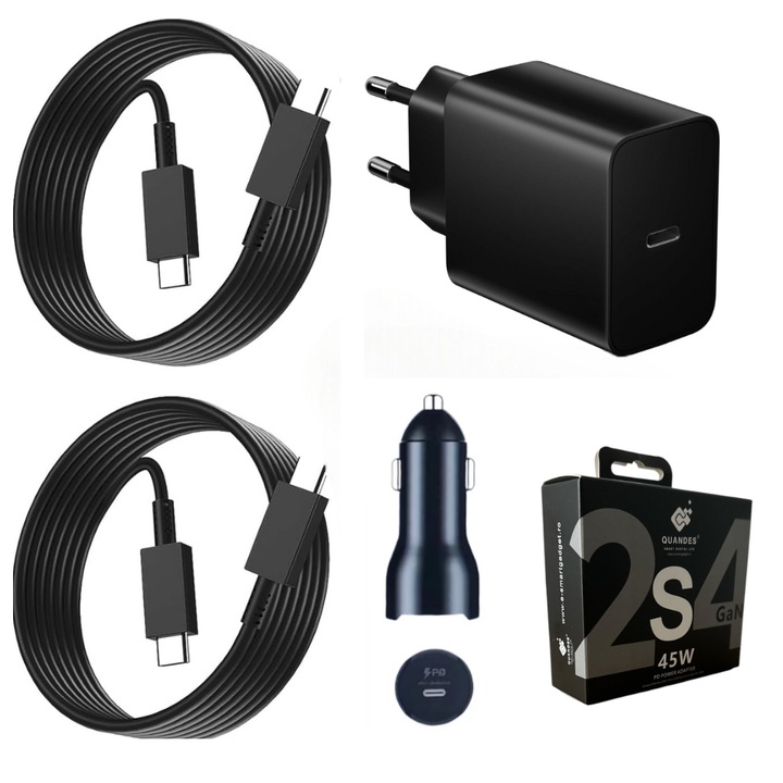 Kit Incarcator USB-C 45W PD GaN, QUANDES®, super Fast Charger, 2 Cablu date USB-C-C 5A, 1, 8M, incarcator auto USB-C-C 45W, Compatibil cu S24, S3, S22