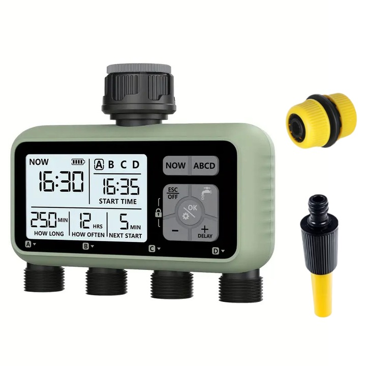 Programator irigare gradina pentru 4 zone, alimentare pe baterii, compatibil 3/4”, display LCD, conector si lance stropit, verde/negru