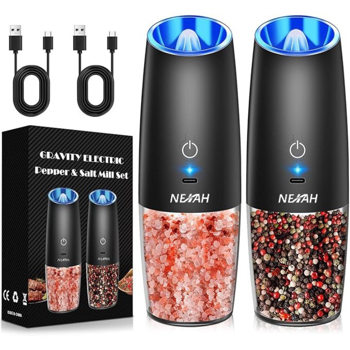 NEXAH® Set de rasnite electrice reincarcabile pentru piper si sare, grosime reglabila a macinarii, nu necesita baterii, comutator cu senzor gravitational si lumini LED, functionare automata cu o singura mana, negru 2-Pack