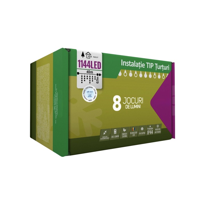 Instalatie Craciun Turturi, IP44, 40 m, 286 Led-uri, Perdea Franjurata, Alb Rece, 8 Jocuri de Lumini, Transformator 31 V, Putere 9 W cu Telecomanda, Interconectabila, Interior/Exterior, Prelungitor 5 m inclus, Fir Alb, Pentru Casa si Gradina