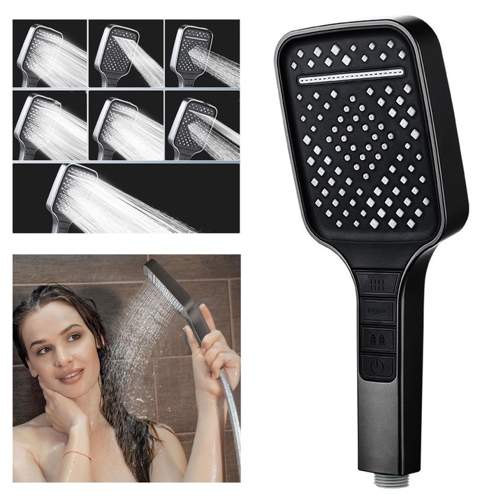 Cap de dus cu 7 setari, Axroad Mall, Cap de dus patrat, Presiune mare, Reglabil, Economizor apa, Rezistenta la caderi si pete, Cu buton de oprire, Orificiu de apa din silicon cu autocuratare, 25.5*10cm, Negru