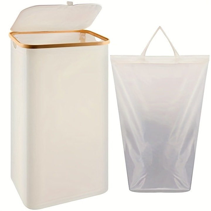 Cos de rufe bambus, pliabil, cu capac si sac de rufe detasabil, 100L，75 x 40 x 33 cm, material textil, Alb