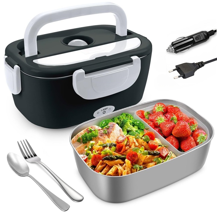 Електрическа кутия за храна Morovan 3 в 1, 80W, капацитет 1.5L + 0.45L, преносима, непропусклива, за кола и офис, черна