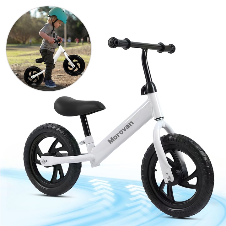 Bicicleta fara pedale, Morovan, Cu Ghidon Rotativ 360°, Scaun Reglabil, Manere Antialunecare, Roti EVA, Capacitate Maxima 70 kg, Usoara si Rezistenta, Perfecta pentru Echilibru si Coordonare, pentru copii, 2-8 Ani, pentru interior / exterior, Negru